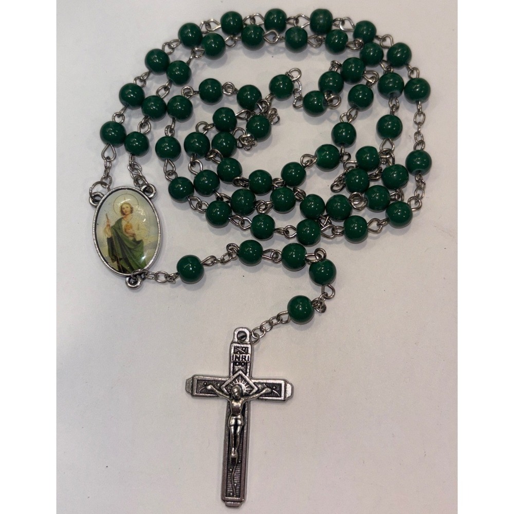 Vintage St. Jude Rosary Green Beads Catholic Prayer Beads Patron of Lost Causes